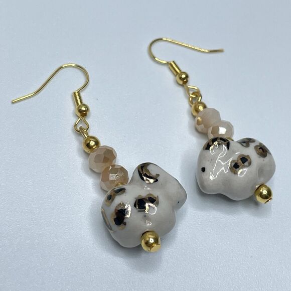 Artisan Ceramic Ram Gold Crystal Glass Beaded Earrings Dangle Gold Tone Unique - Picture 2 of 7